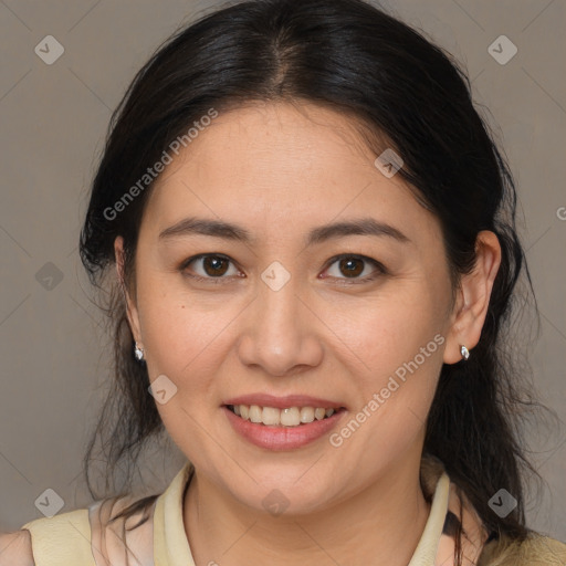 Joyful white young-adult female with medium  brown hair and brown eyes