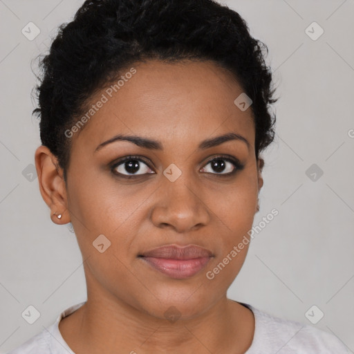 Joyful latino young-adult female with short  brown hair and brown eyes