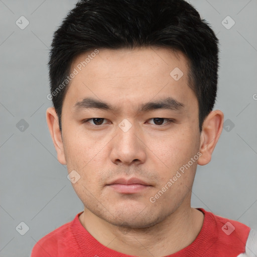 Neutral white young-adult male with short  black hair and brown eyes