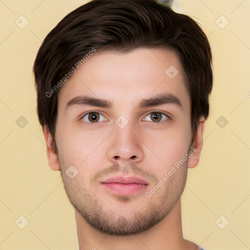 Neutral white young-adult male with short  brown hair and brown eyes