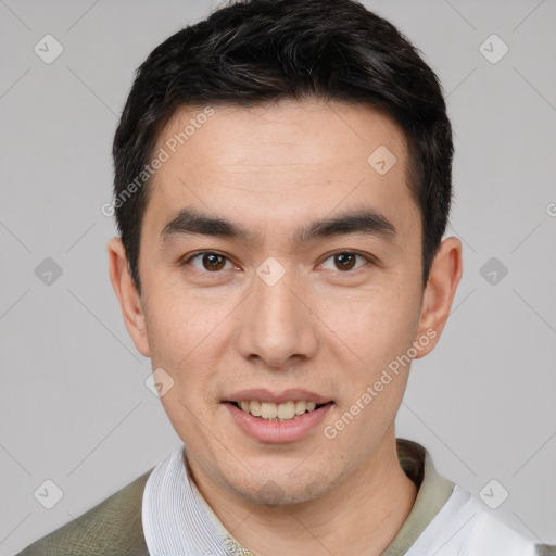 Joyful white young-adult male with short  black hair and brown eyes