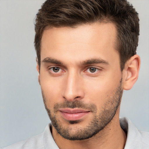 Neutral white young-adult male with short  brown hair and brown eyes