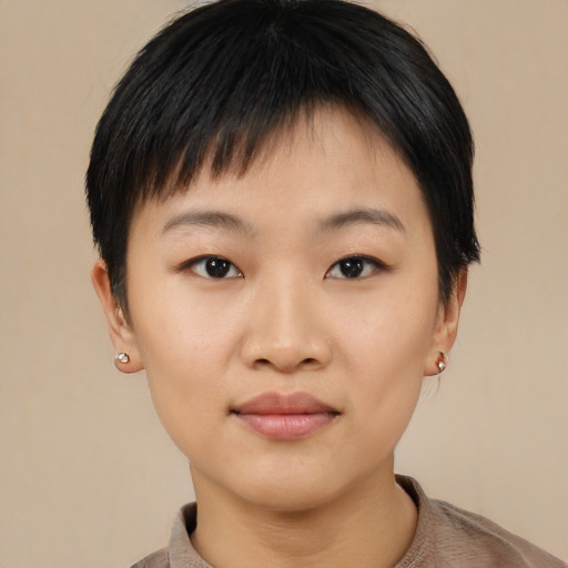 Neutral asian young-adult female with short  brown hair and brown eyes