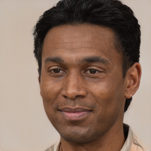 Joyful latino adult male with short  black hair and brown eyes
