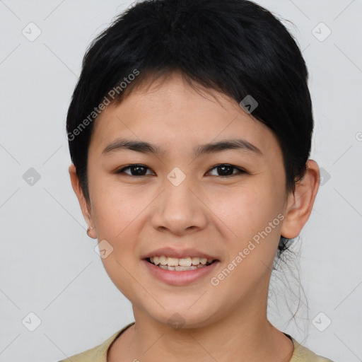 Joyful asian young-adult female with short  black hair and brown eyes