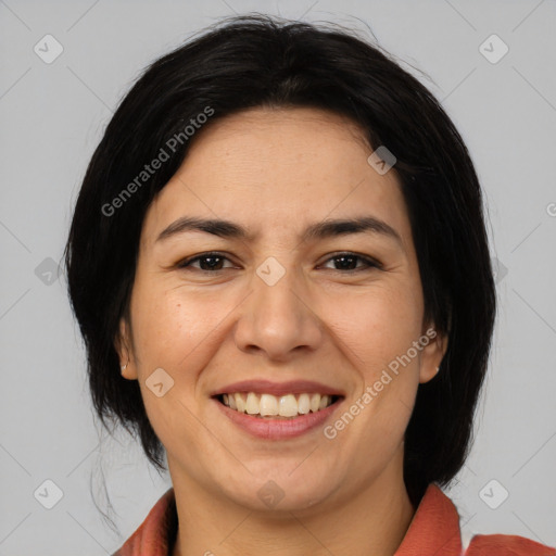 Joyful asian young-adult female with medium  black hair and brown eyes