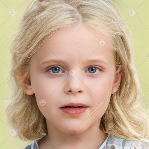 Neutral white child female with medium  blond hair and blue eyes