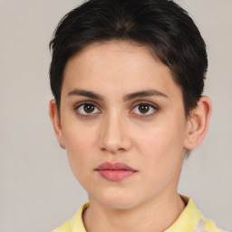 Neutral white young-adult female with short  brown hair and brown eyes