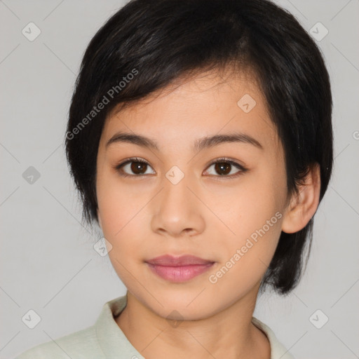 Neutral asian young-adult female with medium  brown hair and brown eyes