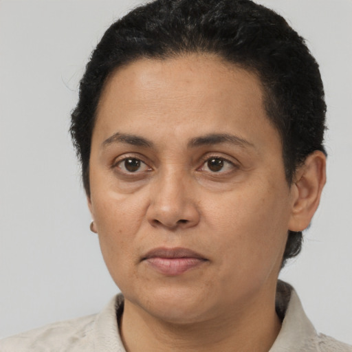 Neutral latino adult female with short  black hair and brown eyes