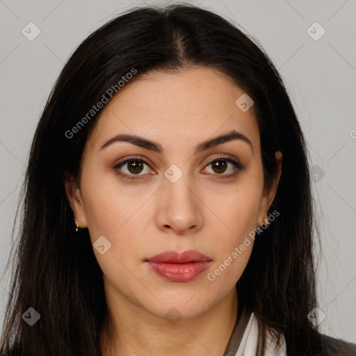 Neutral white young-adult female with long  brown hair and brown eyes