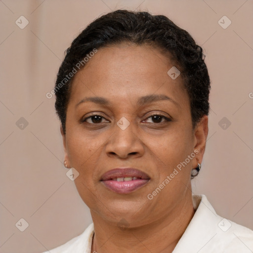 Joyful black adult female with short  brown hair and brown eyes