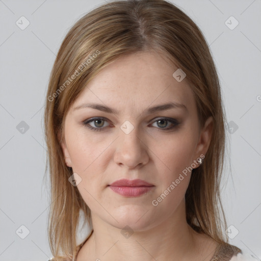 Neutral white young-adult female with medium  brown hair and grey eyes