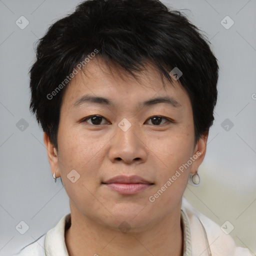 Neutral asian young-adult female with short  brown hair and brown eyes