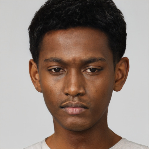 Neutral black young-adult male with short  black hair and brown eyes