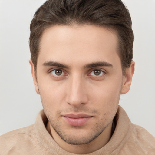 Neutral white young-adult male with short  brown hair and brown eyes