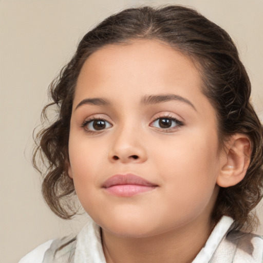 Joyful white child female with medium  brown hair and brown eyes