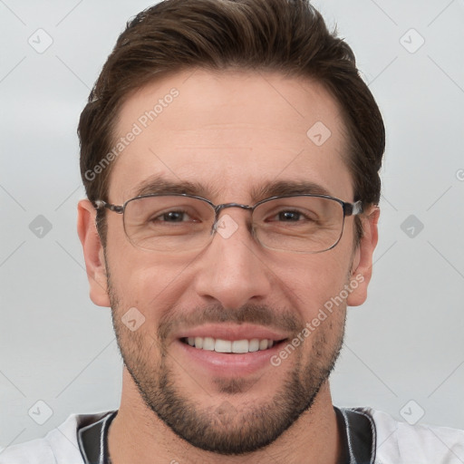 Joyful white adult male with short  brown hair and grey eyes