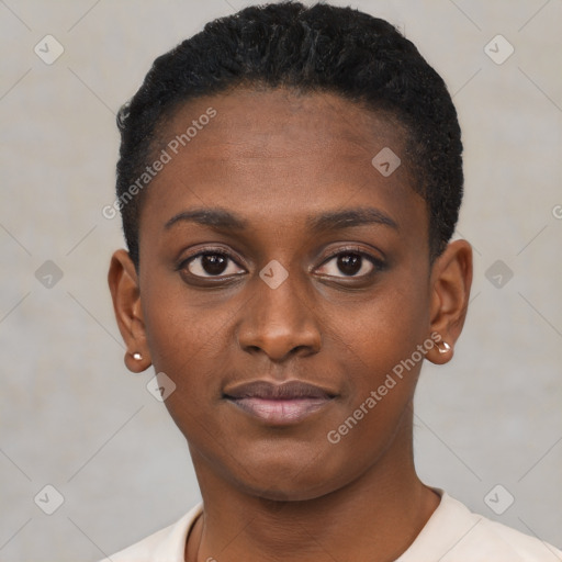 Neutral black young-adult female with short  black hair and brown eyes