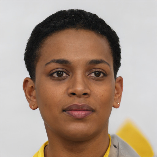 Neutral black young-adult female with short  brown hair and brown eyes
