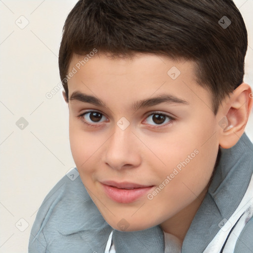 Joyful white child female with short  brown hair and brown eyes