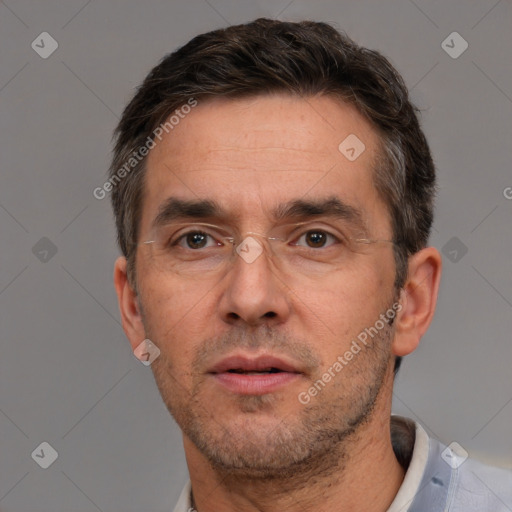 Neutral white adult male with short  brown hair and brown eyes