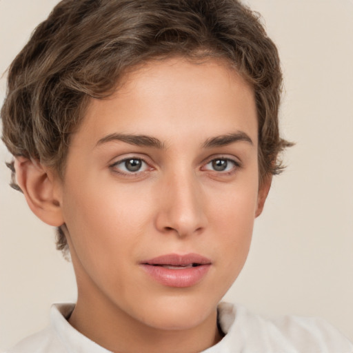 Neutral white young-adult female with short  brown hair and brown eyes