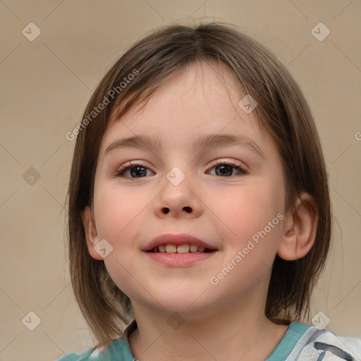 Joyful white child female with medium  brown hair and brown eyes