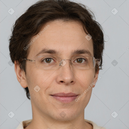 Joyful white adult female with short  brown hair and brown eyes