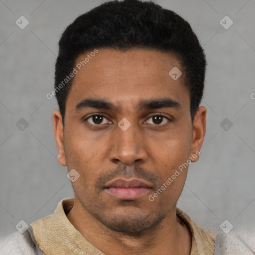 Neutral latino young-adult male with short  black hair and brown eyes