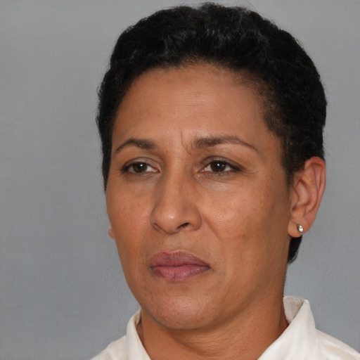 Neutral latino adult female with short  black hair and brown eyes
