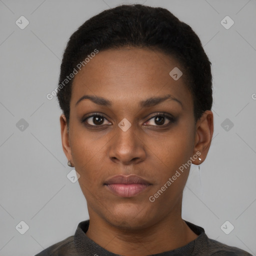 Neutral black young-adult female with short  brown hair and brown eyes