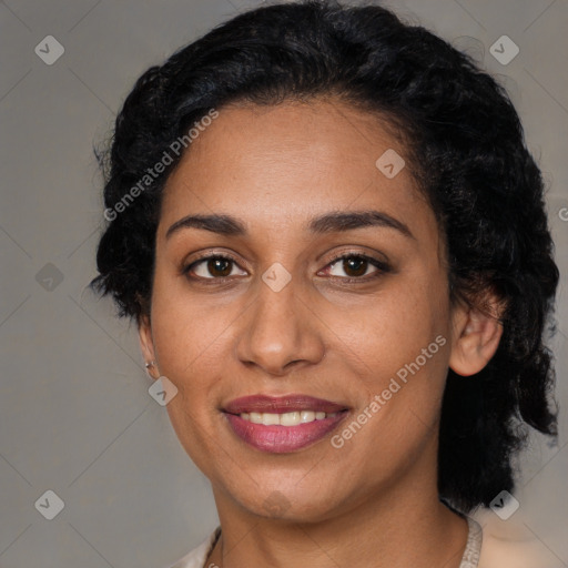 Joyful latino young-adult female with medium  black hair and brown eyes