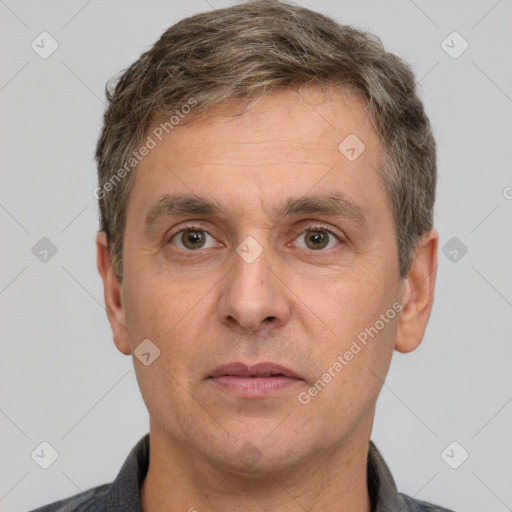 Neutral white adult male with short  brown hair and brown eyes