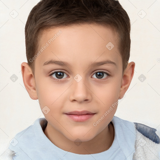 Joyful white child female with short  brown hair and brown eyes