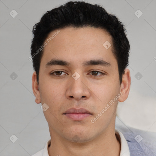 Neutral asian young-adult male with short  black hair and brown eyes