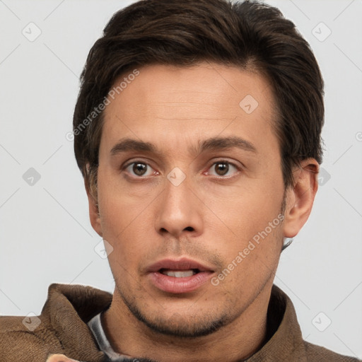 Neutral white adult male with short  brown hair and brown eyes