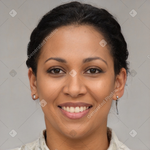 Joyful latino young-adult female with short  brown hair and brown eyes