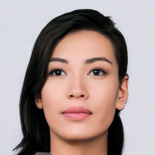 Neutral asian young-adult female with long  black hair and brown eyes