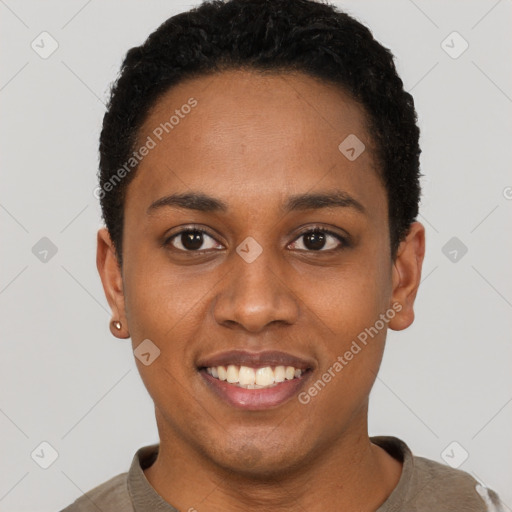 Joyful black young-adult female with short  black hair and brown eyes