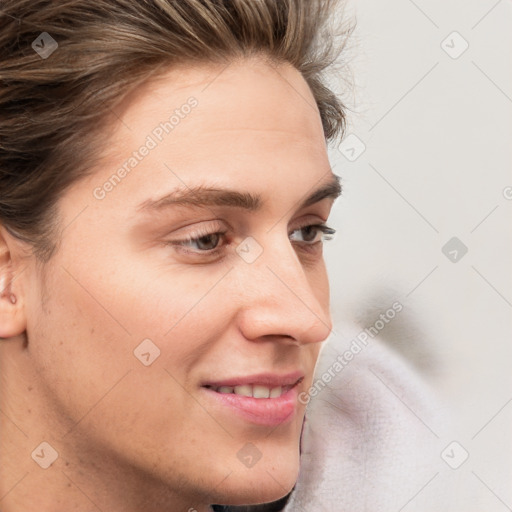 Joyful white young-adult male with medium  brown hair and brown eyes