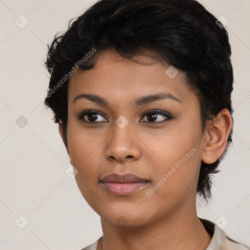 Neutral asian young-adult female with short  black hair and brown eyes