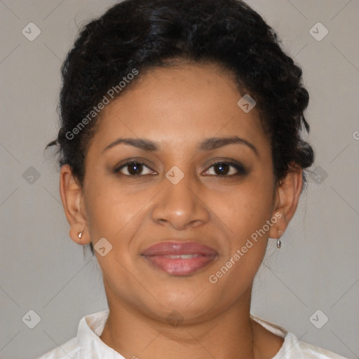 Joyful latino young-adult female with short  brown hair and brown eyes