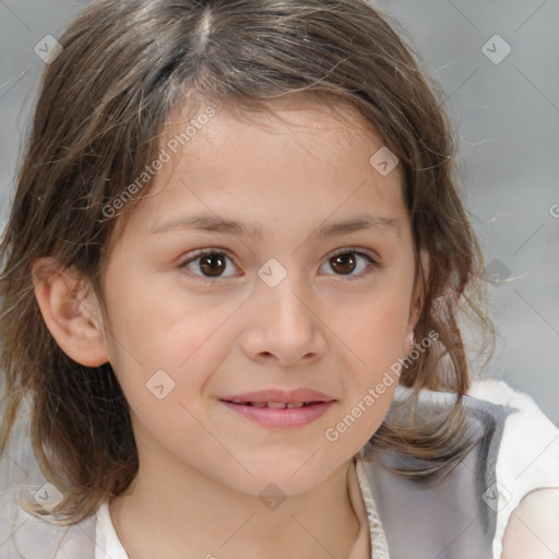 Joyful white child female with medium  brown hair and brown eyes