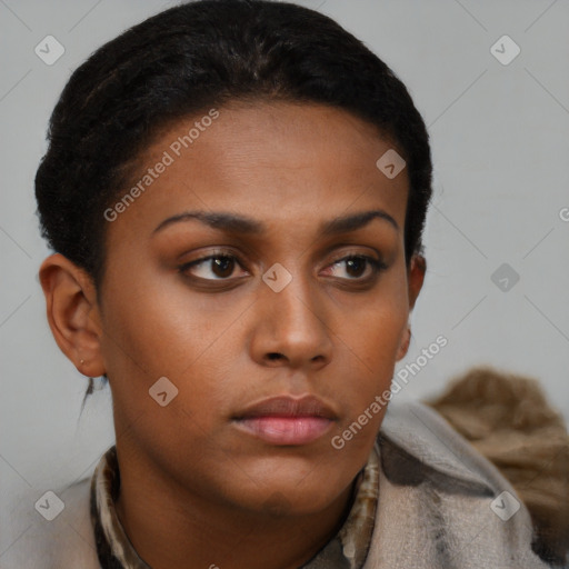 Neutral black young-adult female with short  brown hair and brown eyes