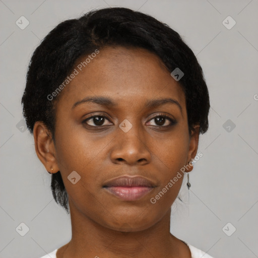 Neutral black young-adult female with short  black hair and brown eyes