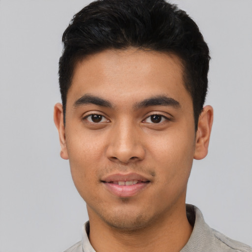 Neutral asian young-adult male with short  black hair and brown eyes