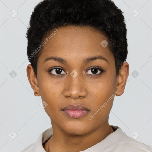 Neutral black young-adult female with short  black hair and brown eyes