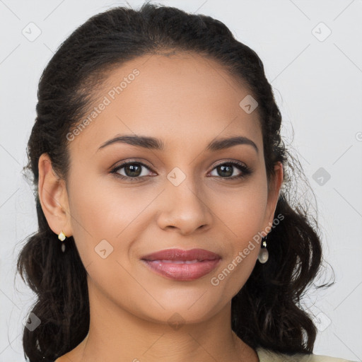 Joyful latino young-adult female with long  brown hair and brown eyes