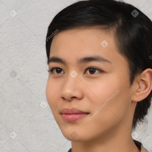 Neutral asian young-adult female with medium  brown hair and brown eyes